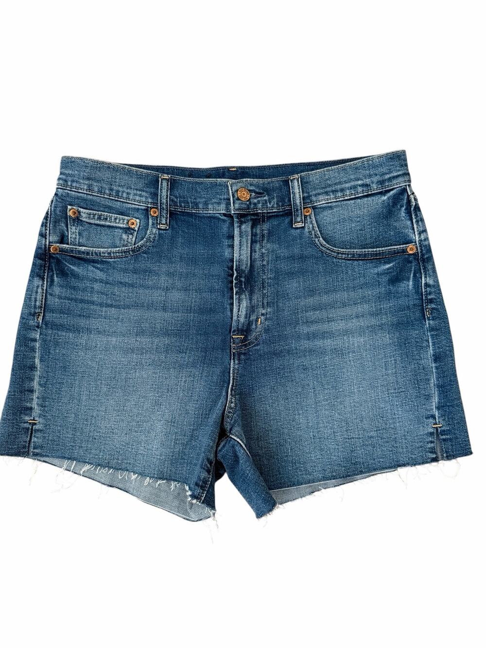 Gap Women High Rise 5 Pocket Design Raw Hem Cutoff Medium Wash Shorts Size 12
